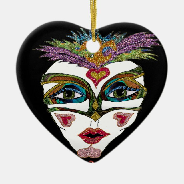 Colourful Mardi Gras Glitter Feather Mask Ceramic Ornament (Front)