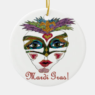 Colourful Mardi Gras Glitter Feather Mask Ceramic Ornament