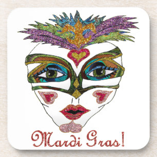 Colourful Mardi Gras Glitter Feather Mask Coaster