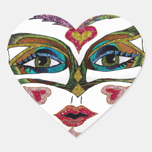 Colourful Mardi Gras Glitter Feather Mask Heart Sticker (Front)