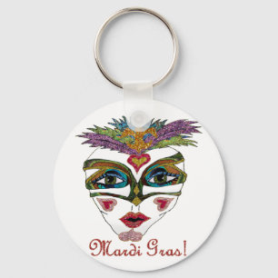 Colourful Mardi Gras Glitter Feather Mask Keychain