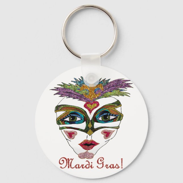 Colourful Mardi Gras Glitter Feather Mask Keychain (Front)