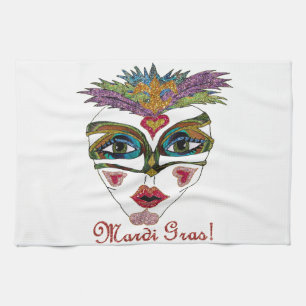 Colourful Mardi Gras Glitter Feather Mask Kitchen Towel