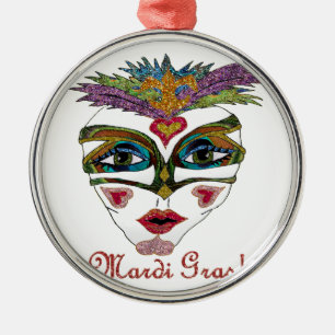 Colourful Mardi Gras Glitter Feather Mask Metal Ornament