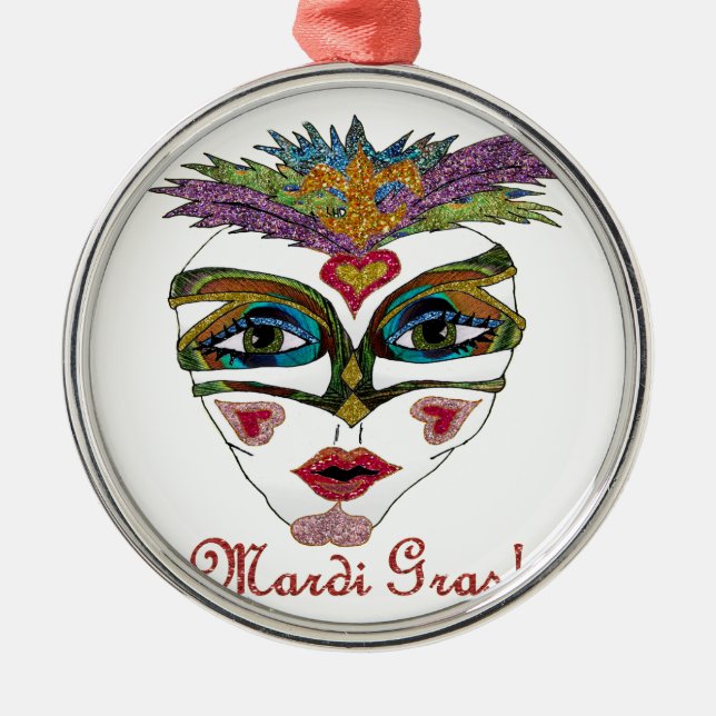 Colourful Mardi Gras Glitter Feather Mask Metal Ornament (Front)