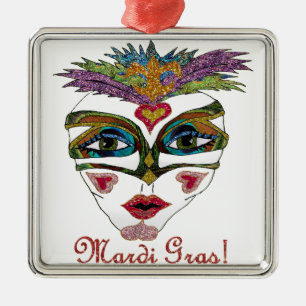 Colourful Mardi Gras Glitter Feather Mask Metal Ornament
