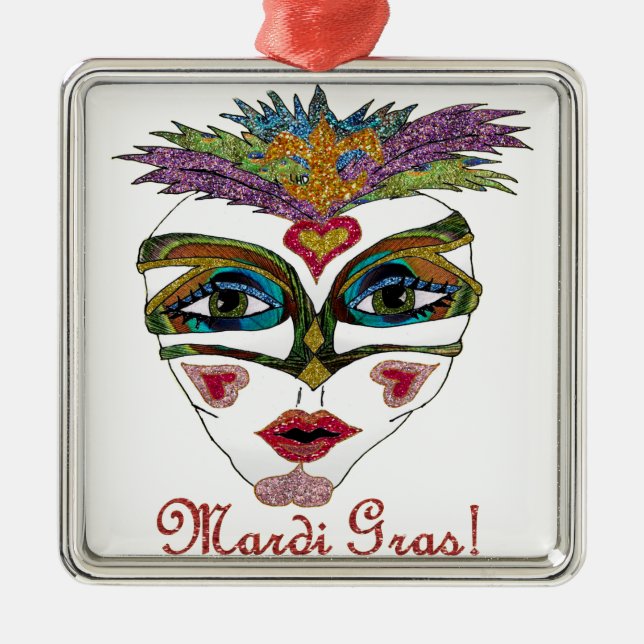 Colourful Mardi Gras Glitter Feather Mask Metal Ornament (Front)