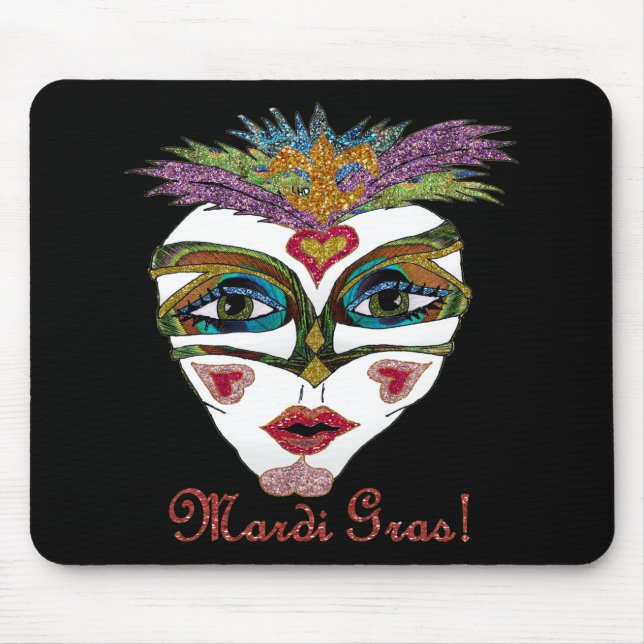 Colourful Mardi Gras Glitter Feather Mask Mouse Pad (Front)