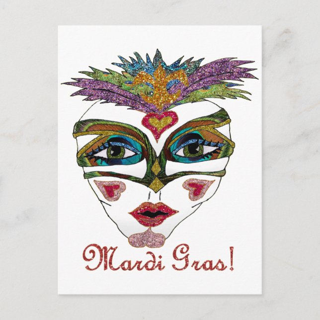 Colourful Mardi Gras Glitter Feather Mask Postcard (Front)