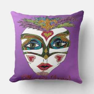Colourful Mardi Gras Glitter Feather Mask Purple Throw Pillow