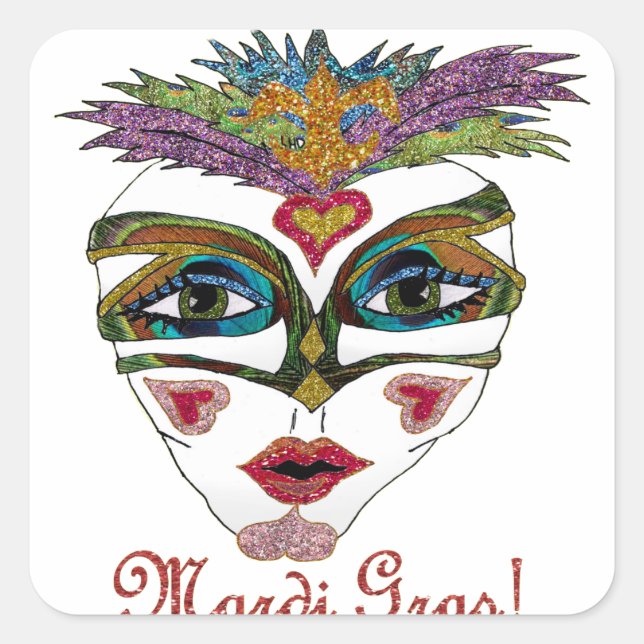 Colourful Mardi Gras Glitter Feather Mask Square Sticker (Front)