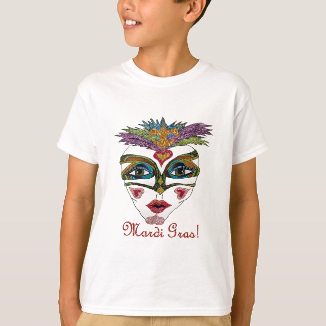 Colourful Mardi Gras Glitter Feather Mask T-Shirt (Front)