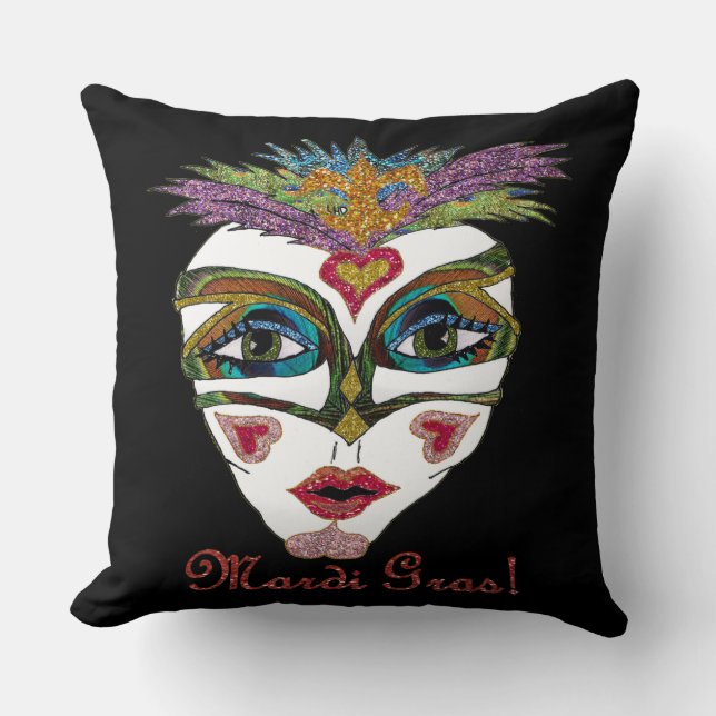 Colourful Mardi Gras Glitter Feather Mask Throw Pillow (Front)