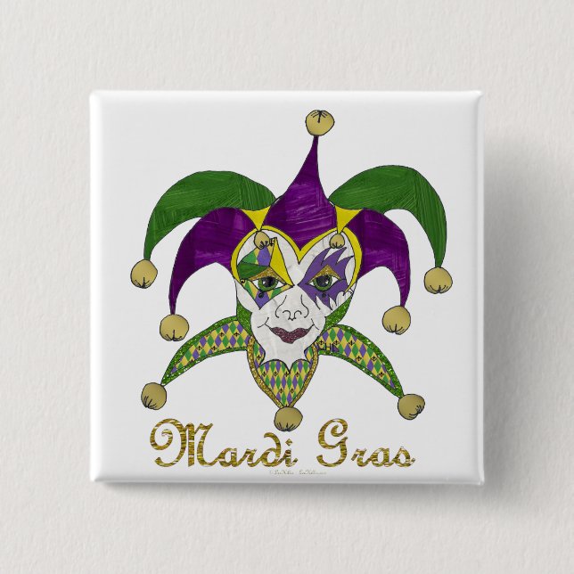 Colourful Mardi Gras Jesters Mask 2 Inch Square Button (Front)