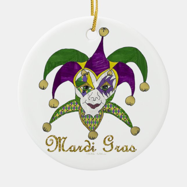 Colourful Mardi Gras Jesters Mask Ceramic Ornament (Front)