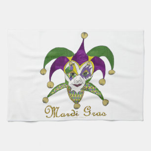 Colourful Mardi Gras Jesters Mask Kitchen Towel