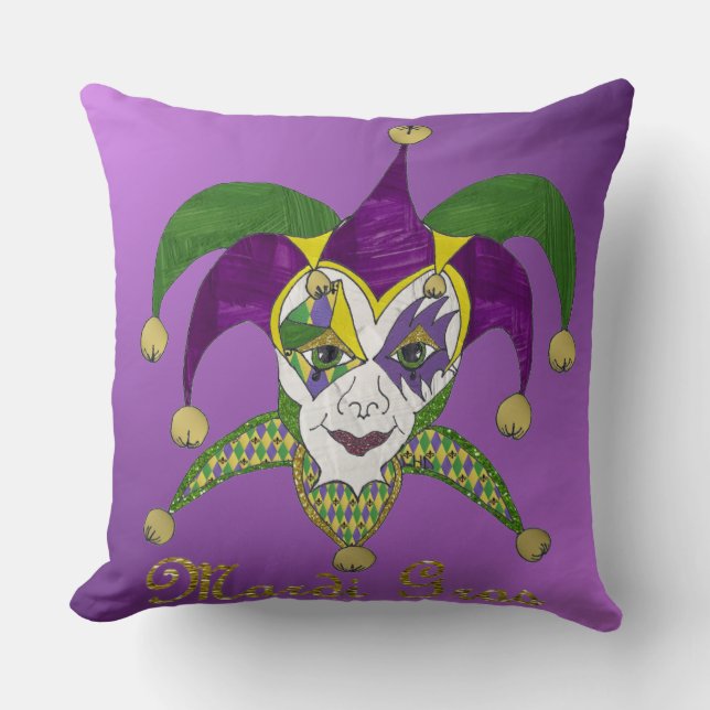 Colourful Mardi Gras Jesters Mask Purple Throw Pillow (Front)