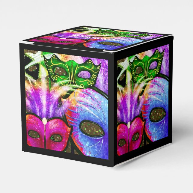 Colourful Mardi Gras Masks Cube Favour Box (Front Side)