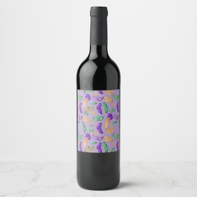 Colourful Mardi Gras patterned  Wine Label (Front)