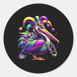 Colourful Mardi Gras Pelican Louisiana Jester Hat Classic Round Sticker