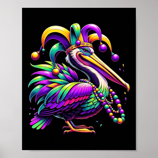Colourful Mardi Gras Pelican Louisiana Jester Hat  Poster (Front)