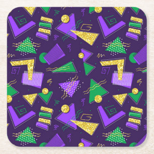 Colourful Mardi-Gras Style Shapes and Pattern Square Paper Coaster