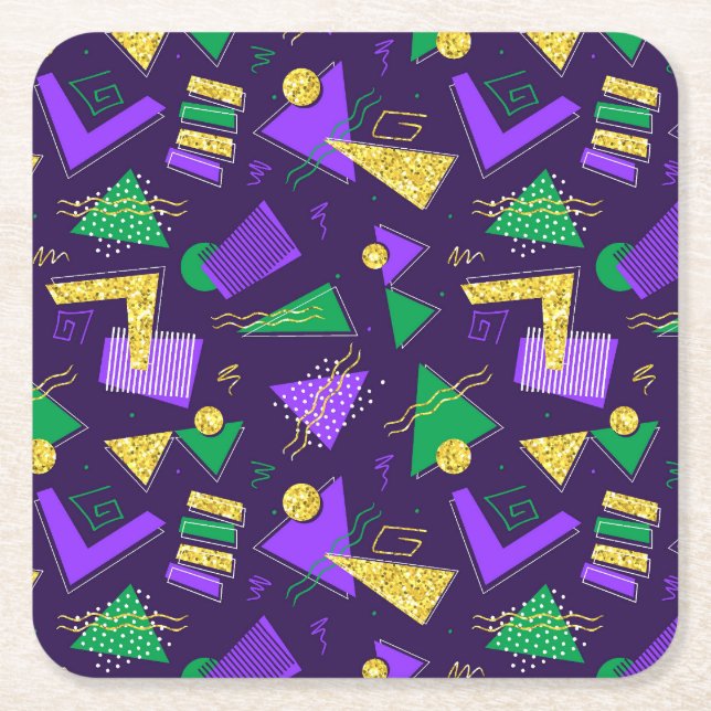 Colourful Mardi-Gras Style Shapes and Pattern Square Paper Coaster (Front)