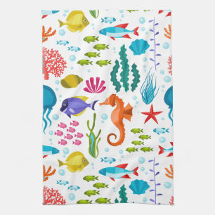 Colourful marine animals pattern kitchen towel