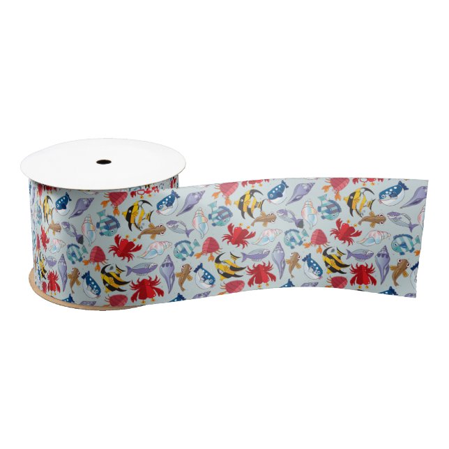 Colourful Marine, Aquatic Life Fish, Crab, Shell  Satin Ribbon (Spool)