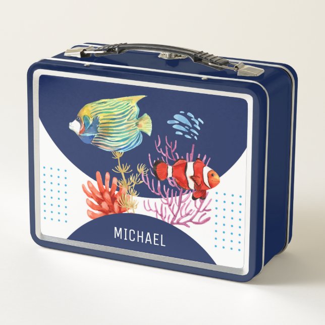 Colourful Marine Fish Sea Life Personalized Name Metal Lunch Box (Back)