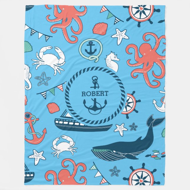 Colourful Marine Life & Nautical Boat Anchor Swadd Fleece Blanket (Front)