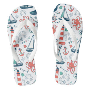 Colourful Marine Life & Nautical Symbols Pattern Flip Flops
