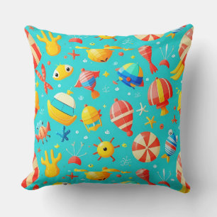 Colourful Marine-Themed Pattern with Playful Anima Throw Pillow