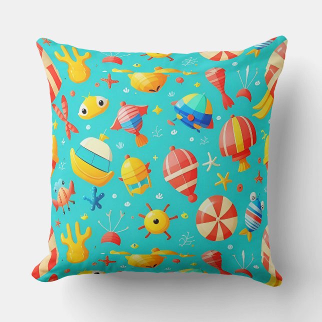 Colourful Marine-Themed Pattern with Playful Anima Throw Pillow (Front)