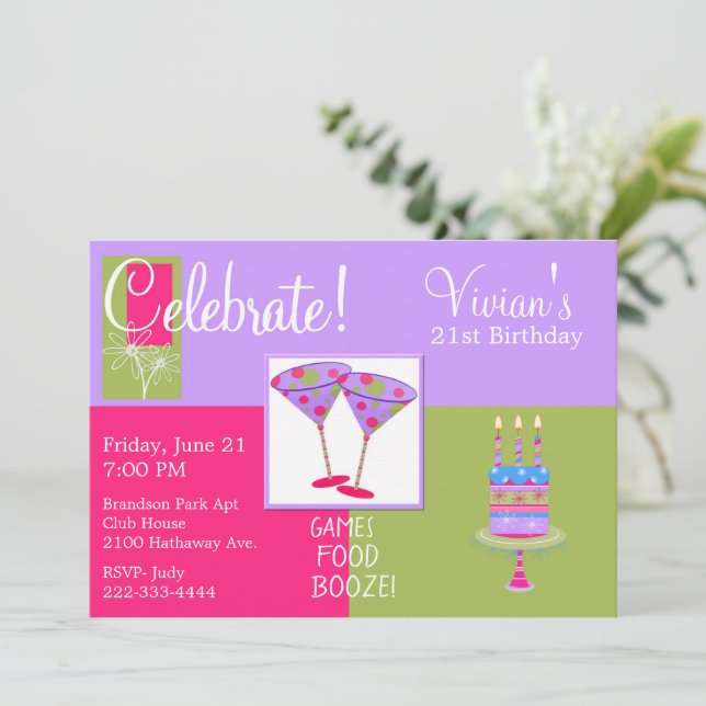Colourful Martini Glasses Birthday Party Invitation (Standing Front)