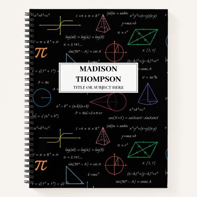 Colourful Mathematics Equations Math Formulas  Notebook (Front)