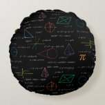 Colourful Mathematics Equations Math Formulas  Round Pillow<br><div class="desc">A colourful mathematics equations and formulas pattern on a black background. An ideal design for math teachers,  mathematic enthusiasts,  scientists,  math students,  mathematics tutors,  arithmetic etc. A modern math pattern for back to school students and teachers etc.</div>