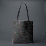 Colourful Mathematics Equations Math Formulas  Tote Bag<br><div class="desc">A colourful mathematics equations and formulas pattern on a black background. An ideal design for math teachers,  mathematic enthusiasts,  scientists,  math students,  mathematics tutors,  arithmetic etc. A modern math pattern for back to school students and teachers etc.</div>