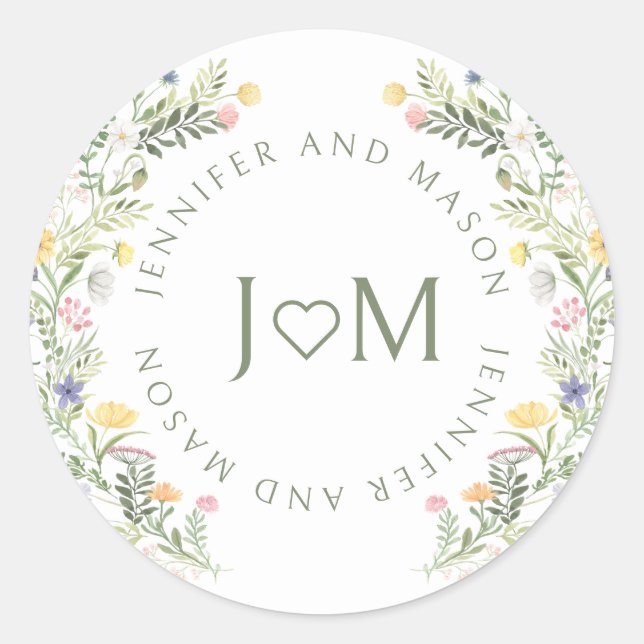 Colourful Meadow Wild Flower Wedding Monogram Classic Round Sticker (Front)