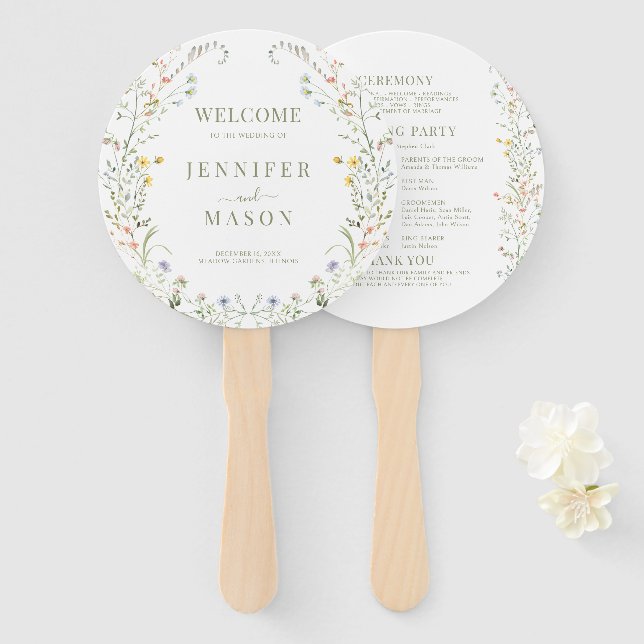 Colourful Meadow Wildflower Floral Wedding Program Hand Fan (Front and Back)