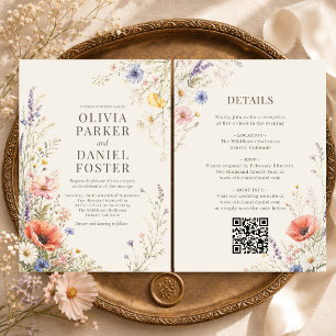 Colourful Meadow Wildflower QR Code Boho Wedding Invitation