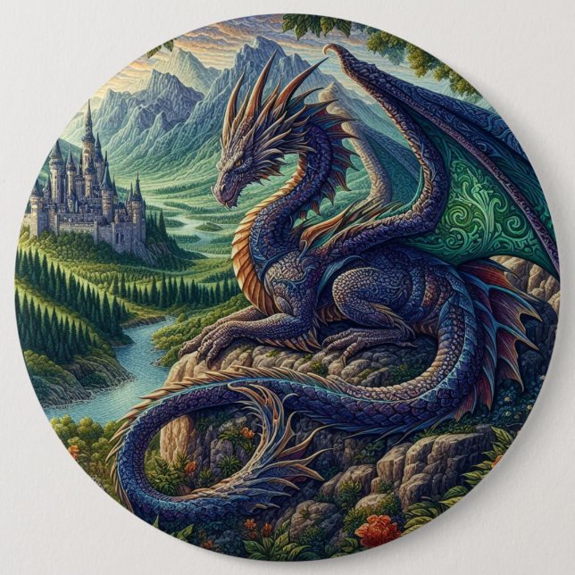 Colourful, Medieval Dragon castle 6 Inch Round Button (Front)
