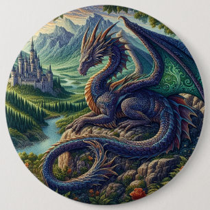 Colourful, Medieval Dragon castle 6 Inch Round Button