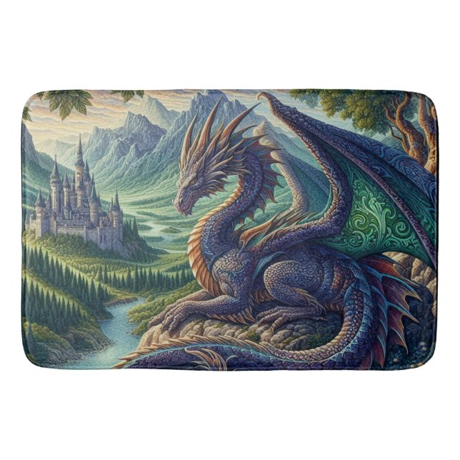 Colourful, Medieval Dragon castle Bath Mat (Front)