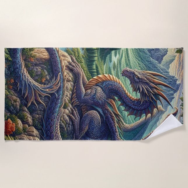 Colourful, Medieval Dragon castle Beach Towel (Front)