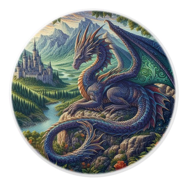 Colourful, Medieval Dragon castle Ceramic Knob (Front)