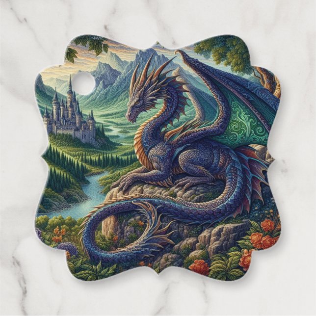 Colourful, Medieval Dragon castle Favour Tags (Front)