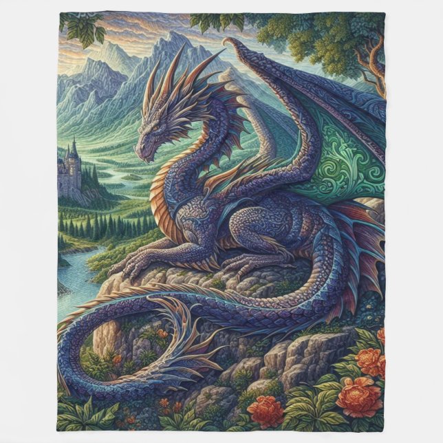 Colourful, Medieval Dragon castle Fleece Blanket (Front)