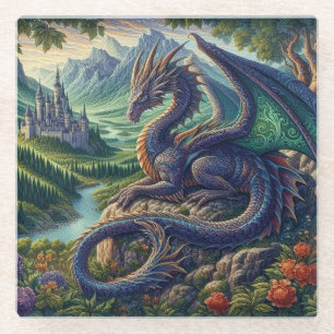 Colourful, Medieval Dragon castle Glass Coaster