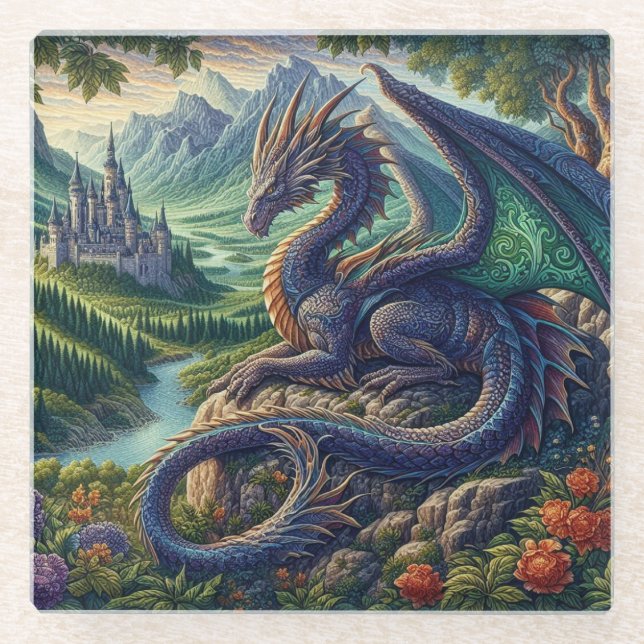 Colourful, Medieval Dragon castle Glass Coaster (Front)